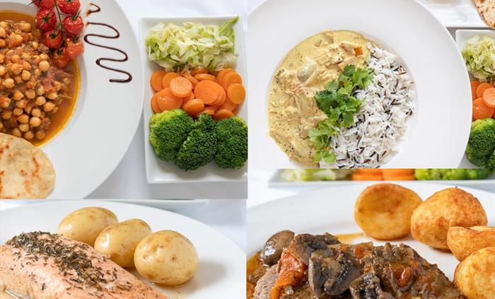 Savor a delicious, freshly prepared dinner featuring locally sourced, tender roast beef, succulent salmon, flavourful chickpea curry, or creamy chicke